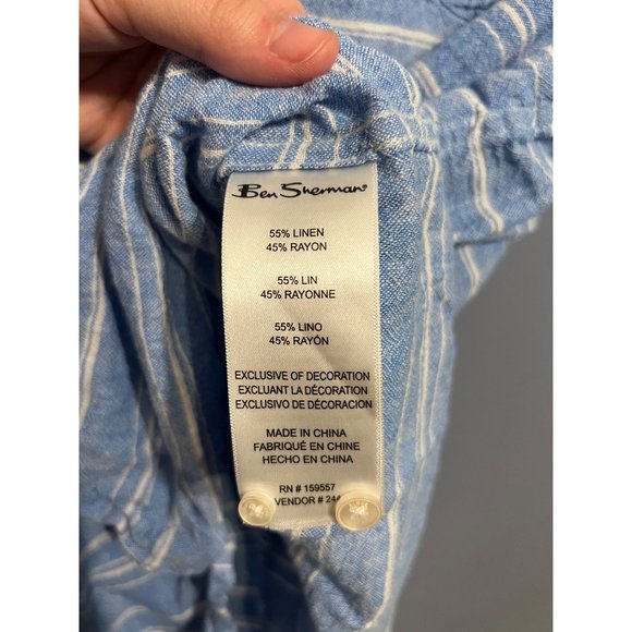 Ben Sherman Men’s Blue Striped Linen Rayon Short Sleeve‎ Button Up Shirt Size LG - Picture 7 of 9